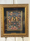 Gilt Framed Painting of Tibetan Buddha and Zodiac Symbols