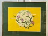 Framed Watercolor of Flowers & Leaves in Circle