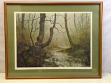 Framed, Signed, and Matted Print of Trees by Creek 