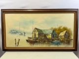 Oil on Canvas Painting of Shacks on Dock by Lake by R. Brant