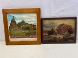 2 Framed Prints- Church of St. Michael- France and Autumn Landscape with Cows in Field