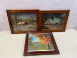 3 Framed Colored Prints- Winter Covered Bridge, Village Train and Autumn Fields Along Road