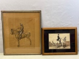2 Lithographs of Men on Horseback- One is Knight in Armor