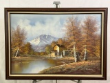 OIl on Board Painting of Mountainous Landscape with Mill by Creek by H. Wilson