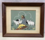 Oil on Paper Native American Shepherd Boy with Sheep