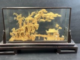 3-D Hand Carved Cork Rendering of Oriental Scene with Pagodas, Bridge and Trees