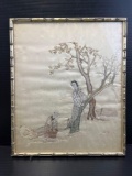 Antique Hand Embroidered Asian Scene on Silk in Bamboo Type Frame