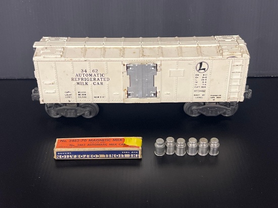 Lionel 3462 Automatic Refrigerated Milk Car and 3462-70, 6 Magnetic Milk Cans