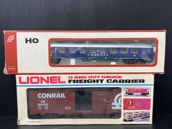 Lionel Conrail Freight Carrier with Box and HO Touropa Passenger Car with Box