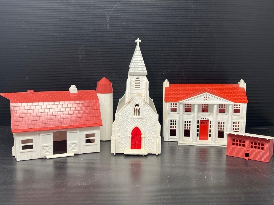 Plasticville Buildings- Barn, Church, 2-Story Columned House and Shed