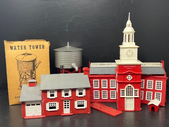 Plasticville Buildings- Independence Hall, 2-Story House w/ Attached Garage and Water Tower with Box
