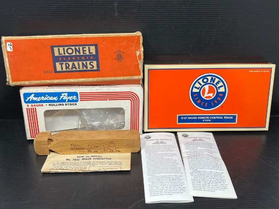 2 Lionel and 1 American Flyer Boxes (All Empty), Wooden Train Whistle and Pamphlets