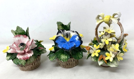 3 Italian Capodimonte Porcelain Floral Arrangements