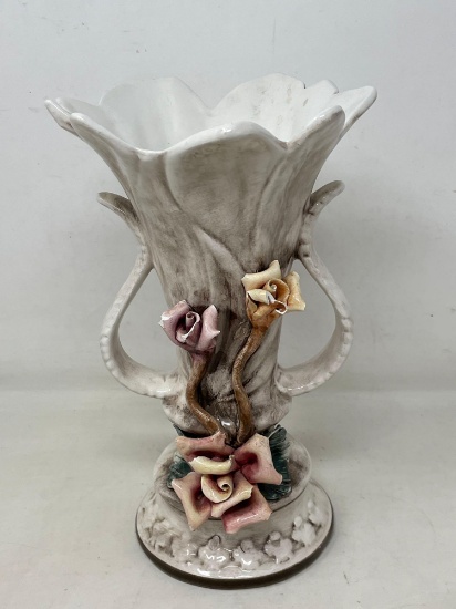 Italian Capodimonte Porcelain Flowers on Double Handled Vase