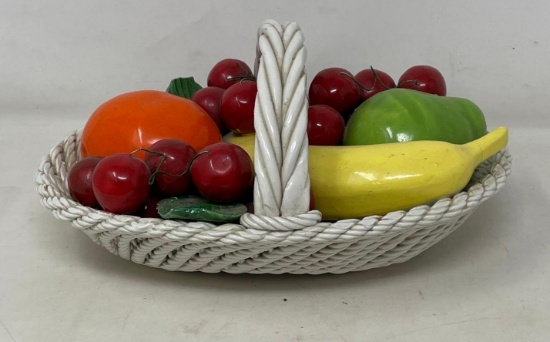 Italian Capodimonte Porcelain Basket with Various Fruits