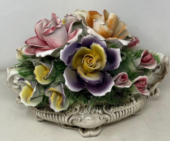 Italian Capodimonte Porcelain Floral Arrangement in Footed Dish