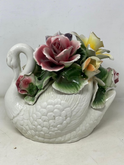 Porcelain Floral Arrangement in Swan Planter