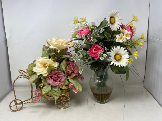 2 Artificial Flower Arrangements- One in Wire Tricycle, Other in Glass Vase