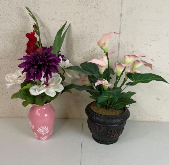 2 Artificial Floral Arrangements- One in Pink Vase, Other with Calla Lilies