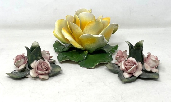 Italian Capodimonte Porcelain Yellow Rose and Pair of Pink Rosebud Candleholder