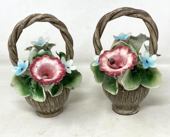 Italain Capodimonte Pair of Porcelain Floral Baskets