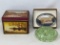 Decorative Tin full of Vintage Buttons, Small Country Scene Dish and Green Glass Flower Frog