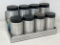 8 Piece Aluminum Canister Set in Holder and Blue Glass Bottle