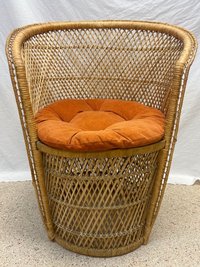Wicker Basket Chair with Rust Colored Cushion
