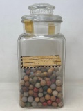 Big group of Antique Vintage Clay Marbles in Large Canister Candy Jar