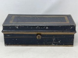 Antique Vintage Tin Cash/Bank Box with Gold Decorations, Coin Tray