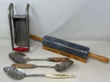 Kitchen Items- Marble Gourmet Rolling Pin, Vintage Serving Spoons, Vintage Fry Potato Cutter