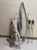 Leather Quiver with Coyote Pelt, Bow, and Arrows