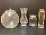 Clear Glass Grouping- Vase, 2 Lidded Jars and Bottle with Cork Stopper