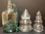 Glass Jug with Christmas Lights, 2 Glass Tree Candy Dishes