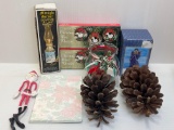 Midnight Service Oil Lamp, 2 Boxes Mini Wreaths, Angel & Santa Figures, 2 Large Pine Cones