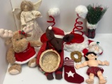 Fabric Angel Tree Topper, Plush Moose, Mouse/Basket, Doll, Stocking and Plaid Boot, Hat with Springs