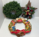 2 Wreaths- Artificial Greens and Ceramic Nativity and Grapevine Star with Plush Teddy & Decorations