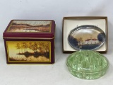 Decorative Tin full of Vintage Buttons, Small Country Scene Dish and Green Glass Flower Frog