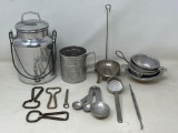 Metal Kitchen Grouping- Milk Can, Measuring Cups & Spoons, Bottle Openers, More