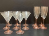 8 Martini Glasses with Pink Stems and 4 Matching Champagne Flutes