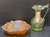Marigold Carninval Glass Bowl and Green Glass Ewer
