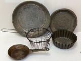 2 Vintage Pie Pans, Fluted Pan, Strainer Basket, Fry Pan