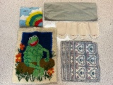 Woven Place Mats, Shelf Scarf, Hooked Rug- Kermit, Hooked Pillow Rainbow, Drawstring Bag