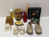 Miscellaneous Lot Including 2 Pairs of Baby Shoes, Bells, Mug, Coffee Sign, Duck Lint Brush. More