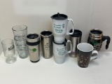 6 Travel Mugs, 1 Regular Mug, 2 Beer Glasses and Irish Coffee Mug