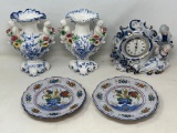 2 Italian Urn Vases, 2 Hand-Painted Plates and Porcelain Figural Clock