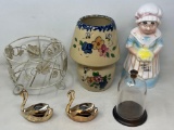Metal Swan Candleholders, Domed Display, Wire Planter, Lamp & Home Sweet Home Lady Figure