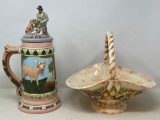 Ceramic Lot- Stein with Figural Lid and Basket