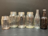 4 Canning Jars, 2 Bottles- One is Brown