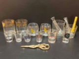 Glassware Lot- Cups, Shot Glasses, Mascerator & Stirrers, Figural Bottle Opener